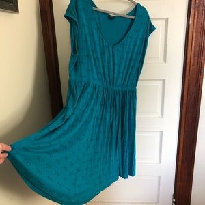 V neck blue glasses print dress, size 3